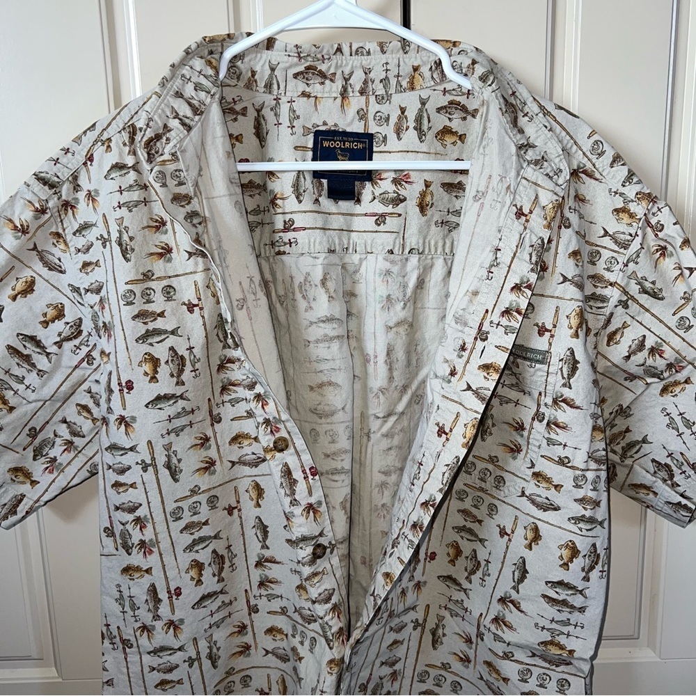 Woolrich Vintage Khaki Freshwater Fish Button Front Short Sleeve Shirt Size XL - Picture 11 of 12